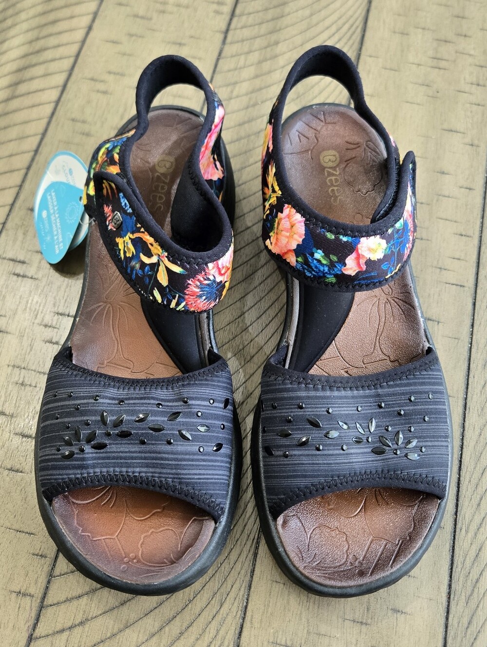*NWT* Bzees Black Sandals with Velcro Floral Ankle Strap
